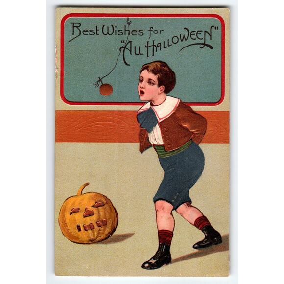 Vintage Halloween Postcard Boy with Jack-O'-Lantern 1908 Divided Back Embossed - Picture 1 of 2